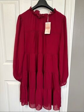 Tiered Long-Sleeve Dress in Wine Red by Kirundo